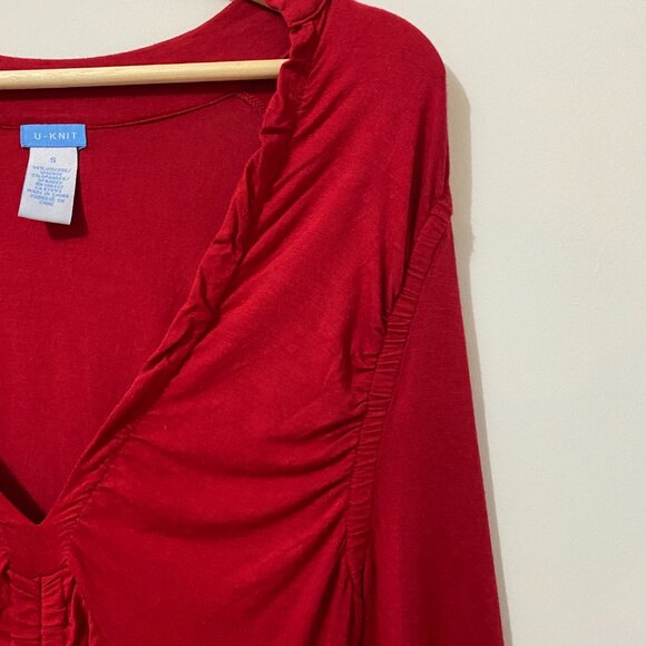 Y2K Red Longsleeve T-Shirt with Plunging V-Neck, Ruching, Gathered, Stretch Euro - Picture 5 of 10